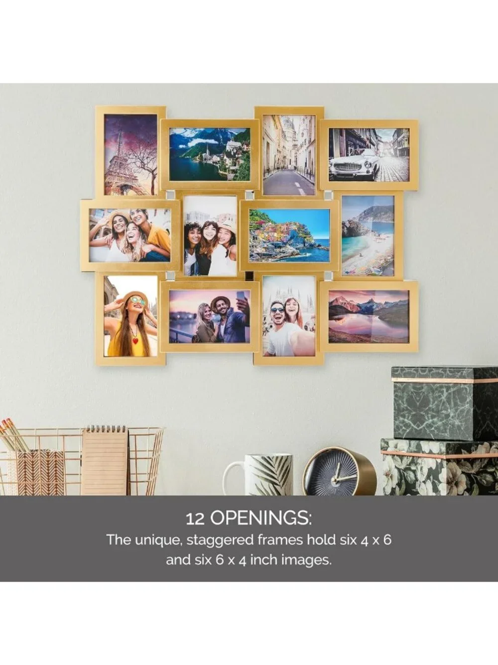 Gold Collage Picture Frame for Wall - 12-Opening Photo Display, Holds 4x6 & 6x4